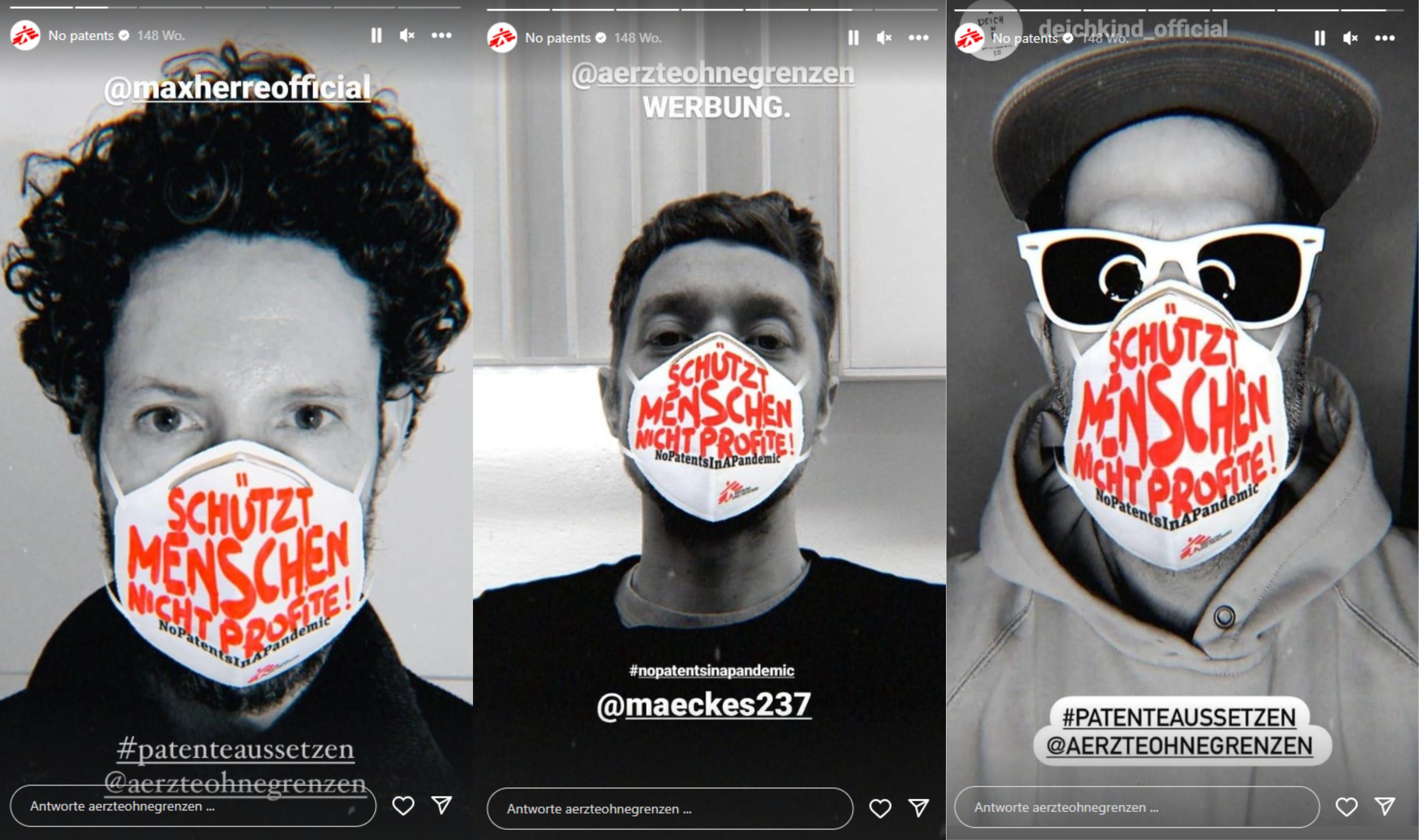 Drei Influencerposts mit Masken und Kampagnen-Slogan